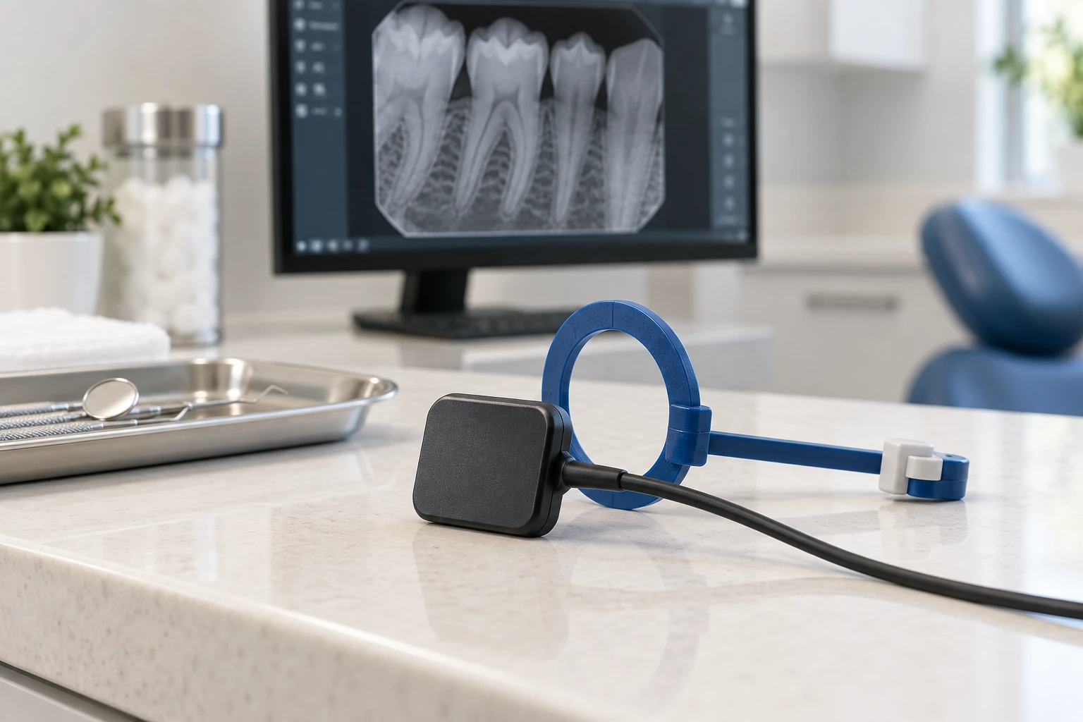 Illustration of a digital dental X-ray sensor and positioning holder beside an X-ray display