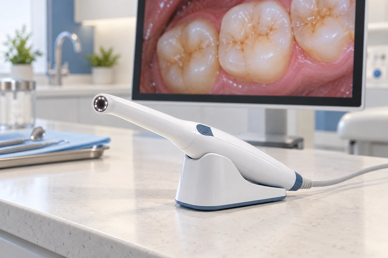 Illustration of a pen-shaped intraoral camera with a magnified colour view of teeth on a monitor
