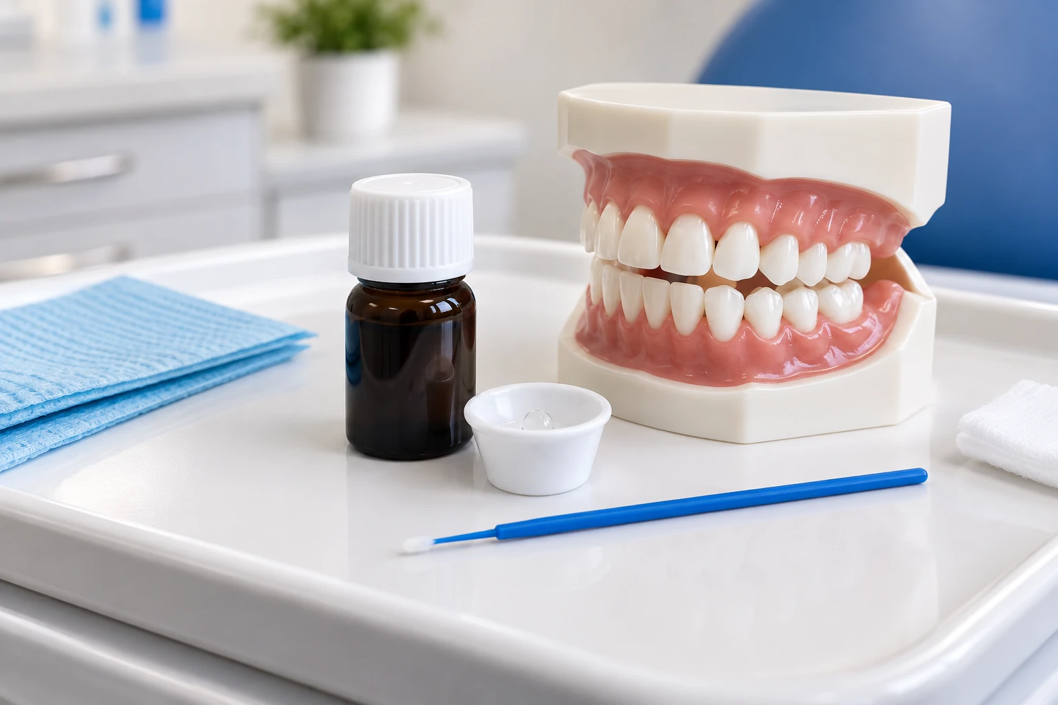 Illustrative silver diamine fluoride setup with a medicine bottle, microbrush, and dental model