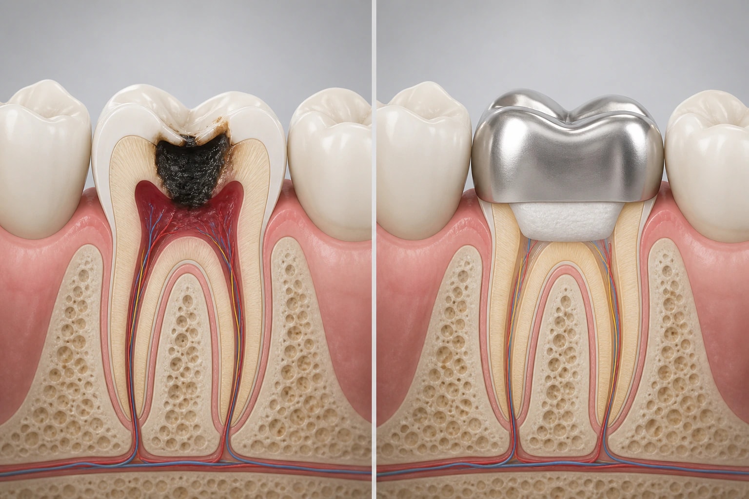 Deep decay — representative vital pulp therapy / pulpotomy visualization